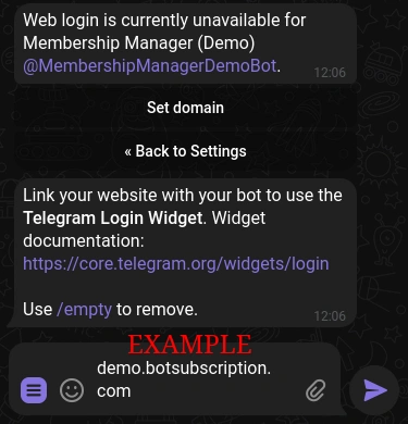 Setting a custom domain in Telegram's @BotFather for BotSubscription bot.