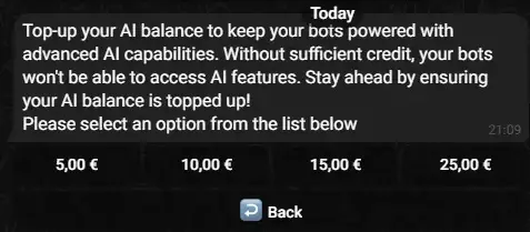 Screenshot of the top-up process in the bot interface, prompting users to add funds to their account.