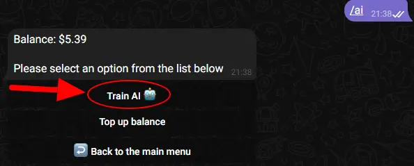 Screenshot of the 'Train AI' button in the /ai command interface