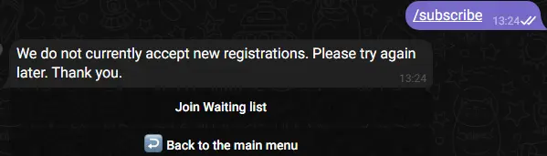 Screenshot indicating no available spots for subscription, with the option to join the waiting list.