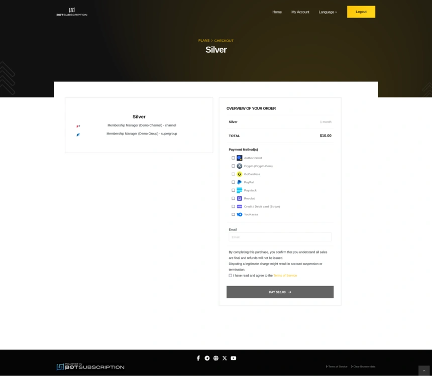 Plan details page showing membership benefits, pricing, and payment methods in BotSubscription Web Portals