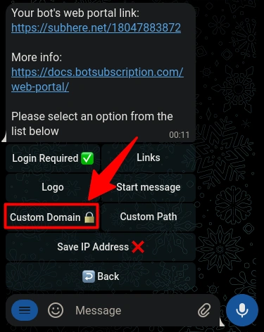 Custom Domain option with a locked add-on in BotSubscription Web Portal settings.