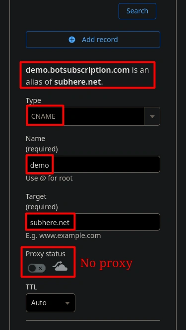 Creating a CNAME record for BotSubscription custom domain setup.