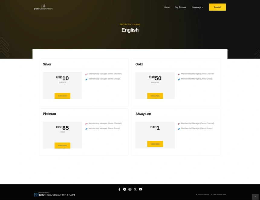 Detailed view of English course plans available on BotSubscription Web Portals