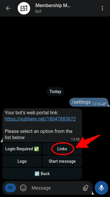 Web Portal Links section in BotSubscription bot settings.