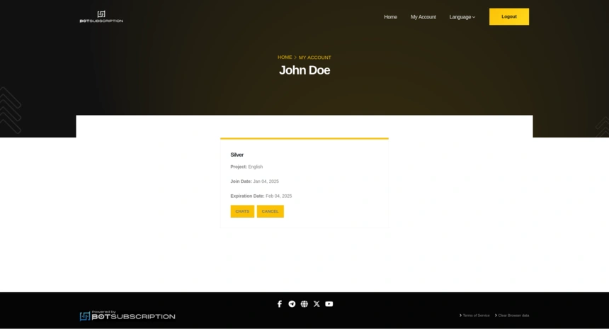 Profile page displaying membership details and access to chats in BotSubscription Web Portals